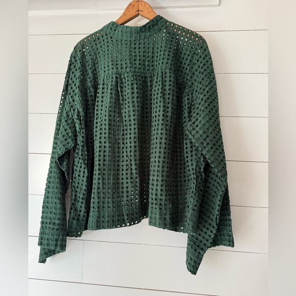 ASOS Tops - Asos Womens Eyelet Top Blouse Hunter Green Cotton Bell Sleeve Mock US Size 14